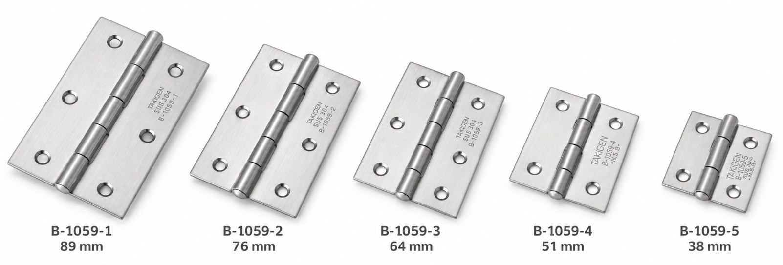 2 piezas de bisagra de rosca de alta calidad, fabricadas en acero inoxidable SUS304, capacidad de carga: 9,7 kg (21 lbs), 64 mm (2-33/64"), B-1059-3. Bisagra plana robusta para puertas de máquina, escotillas de mantenimiento y mucho más, por TAKIGEN (Japón) - Imagen 3
