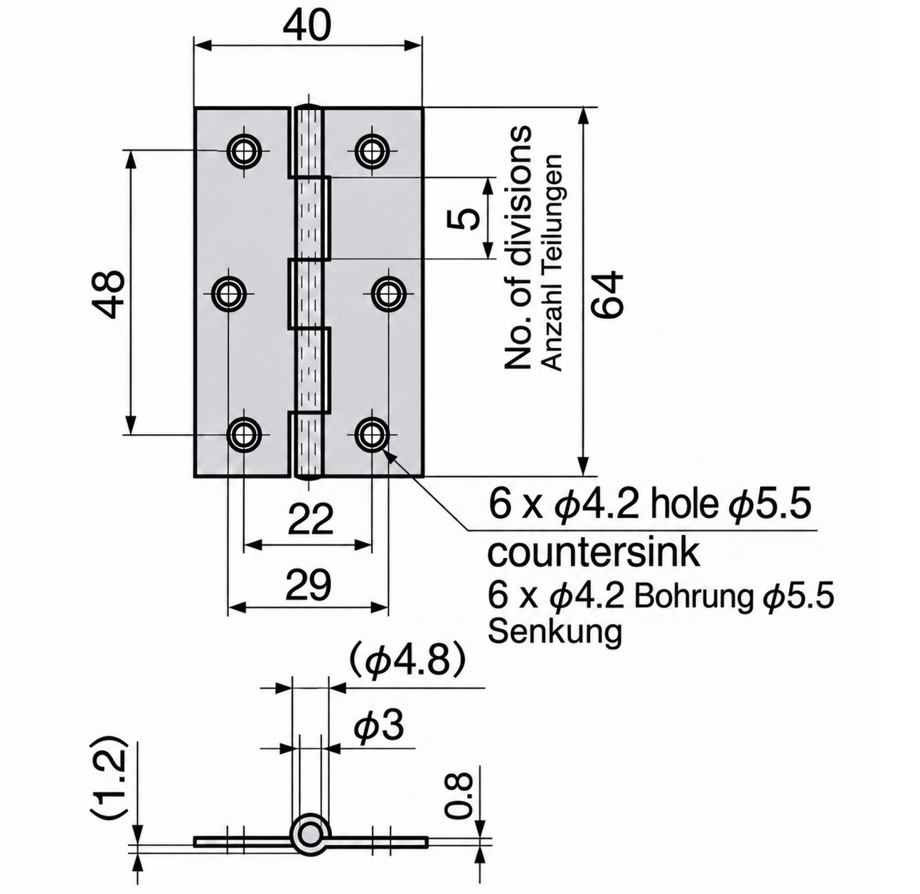 2 piezas de bisagra de rosca de alta calidad, fabricadas en acero inoxidable SUS304, capacidad de carga: 9,7 kg (21 lbs), 64 mm (2-33/64"), B-1059-3. Bisagra plana robusta para puertas de máquina, escotillas de mantenimiento y mucho más, por TAKIGEN (Japón) - Imagen 2