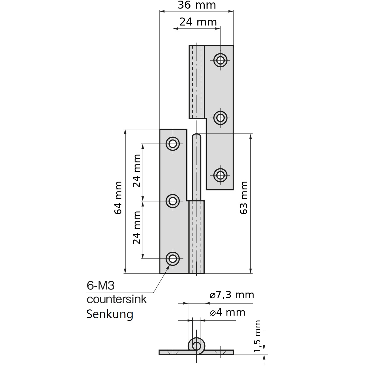 Bisagra de póster de alta calidad de 2 piezas, fabricada en acero inoxidable SUS304, capacidad de carga: 10 kg (23 lbs), 64 mm (2-33/64"), versión: derecha, B-1004-2-R. Bisagra robusta de elevación para puertas, escotillas de mantenimiento y mucho más, por TAKIGEN (Japón) - Imagen 2