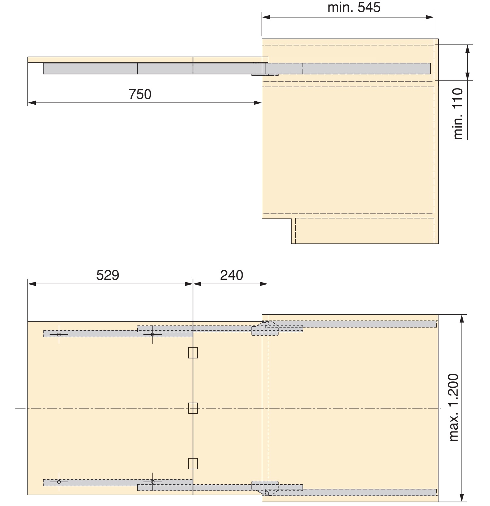 Ajuste de mesa desplegable de alta calidad, capacidad de carga: 60 kg (132 lbs), 750 mm (29-17/32"), 2046369. Mesa extensible robusta para armarios de cocina, armarios de base, mobiliario de cocina, mesas extensibles, mesas plegables y mucho más, por EMUCA - Imagen 2