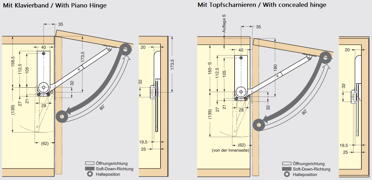 Soporte para solapas de alta calidad, superficie: blanca, versión: derecha, HDS-30HR-WT. Soporte robusto para solapas plegables, muebles de cocina y mucho más, por Sugatsune / LAMP® (Japón) - Imagen 2