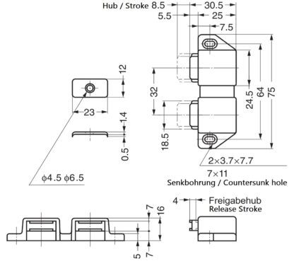 Cierre magnético compacto, incl. contraplaca, superficie: blanco, 25 mm (63/64"), versión: con 2 émbolos, ML-30WW. Abridor de puerta doble que ahorra espacio para puertas de muebles, puertas de armarios y mucho más, de Sugatsune / LAMP® (Japón) - Imagen 2