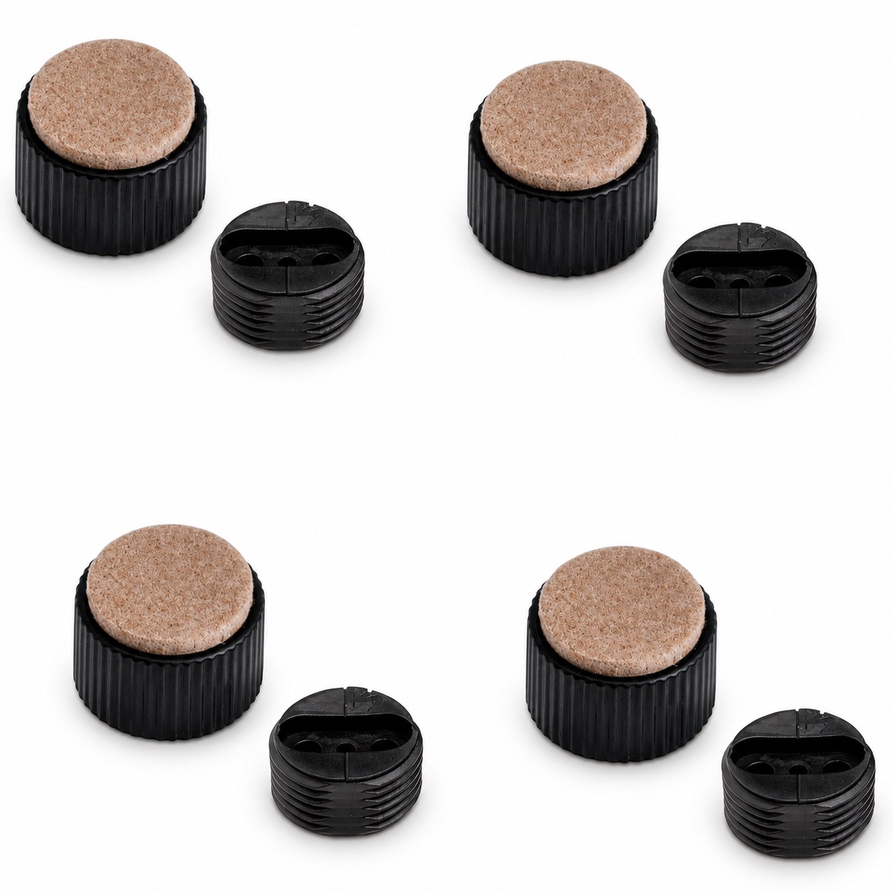 Ajustador robusto de muebles de 4 piezas, B573-25-BK, diámetro: ⌀25 mm, de Kojima, capacidad de carga: 600 kg (1323 lbs), negro, versión: con soporte de fieltro. Imagen del producto