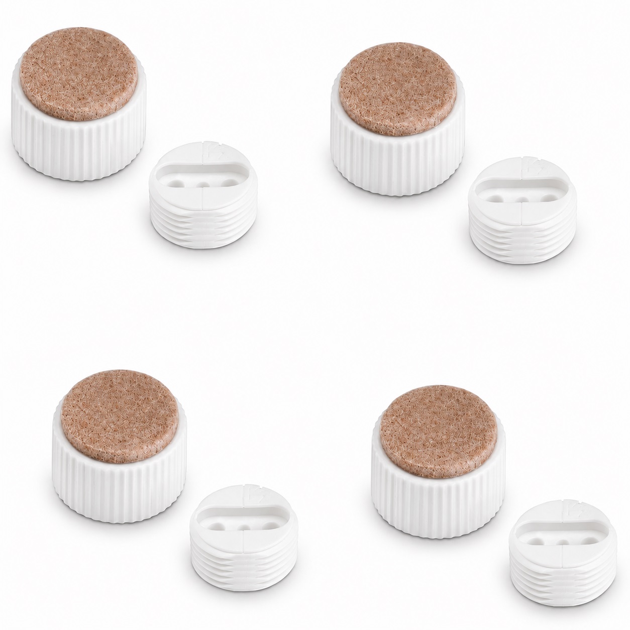 Ajustador robusto de muebles de 4 piezas, B573-25-WH, diámetro: ⌀25 mm, de Kojima, capacidad de carga: 600 kg (1323 lbs), blanco, versión: con almohadilla de fieltro. Imagen del producto