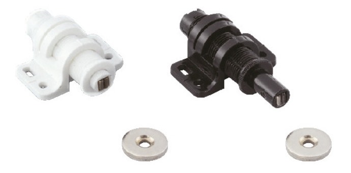 Solapa magnética redonda de 2 piezas con opción de ajuste, incl. contraplaca, superficie: blanca, MC-25WT. Abridor de puertas push-to-open para puertas de muebles, puertas de armarios y mucho más, de Sugatsune / LAMP® (Japón) - Imagen 3