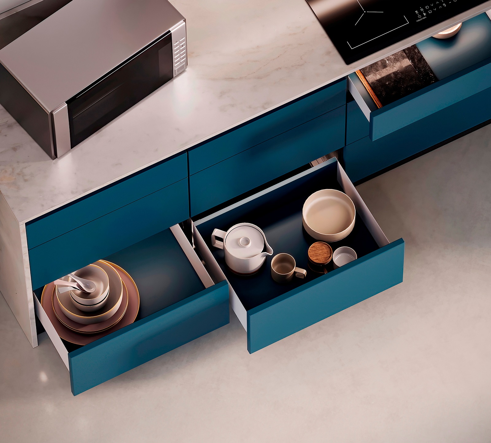 Juego de cajones, con marcos extra finos, altura: 88 mm (3-15/32"), superficie: blanco, 440 mm (17-21/64"), versión: extensión completa con cierre suave, juego de cajones 3275312. para muebles de cocina y mucho más, por EMUCA - Imagen 2