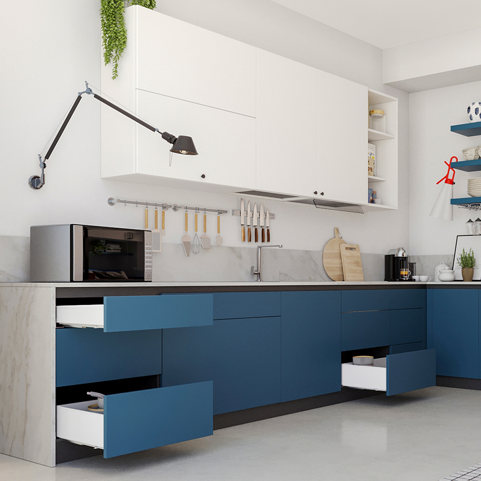 Juego de cajones, con marcos extra finos, altura del marco 88 mm (3-15/32"), superficie: blanco, 300 mm (11-13/16"), versión: extraíble parcial con cierre suave, 3275012. Práctico juego de cajones para muebles de cocina y mucho más, de EMUCA - Imagen 10