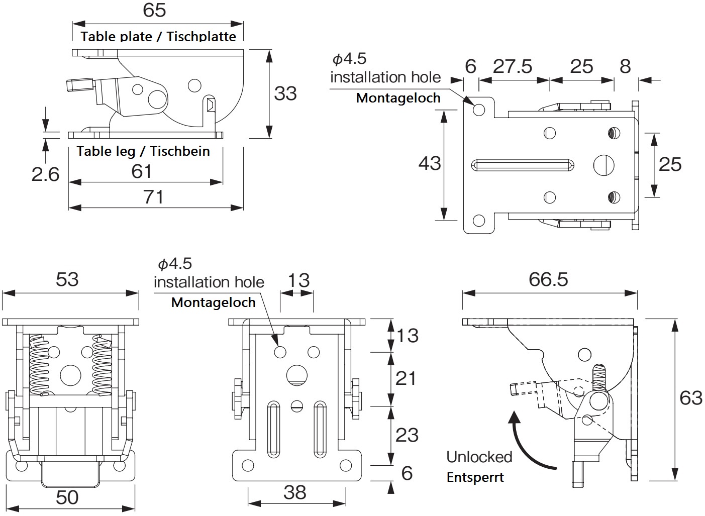 4 piezas. Robusto conector plegable de patas, de acero, superficie: negra, B205-KTL-BK. Accesorio plegable para patas de mesa bajas, mesas de centro, patas de mesa de madera y más, Kojima (Japón) - Imagen 2
