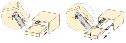 Guías bajo el suelo, capacidad de carga: 25 kg (56 lbs), 350 mm (13-25/32"), versión: extraíble parcial con cierre suave, 3019205. Extraíbles bajo el suelo de alta calidad para cajones de madera, cajones de madera, estantes de madera y mucho más, de EMUCA - Imagen 3